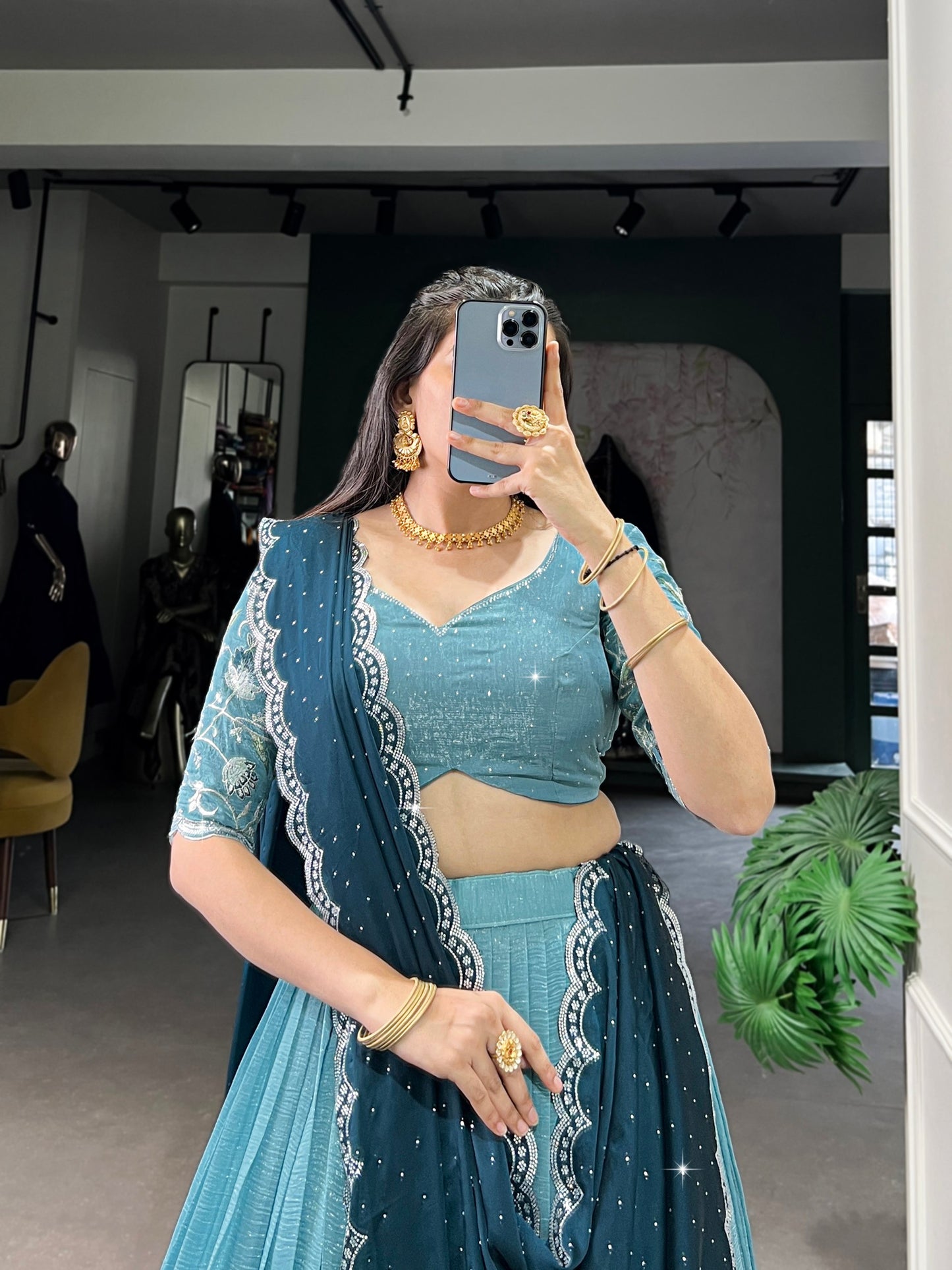 Silver Glosy Embroidered Sky Blue Lehenga Set with Hotfix Rangoli Silk Dupatta