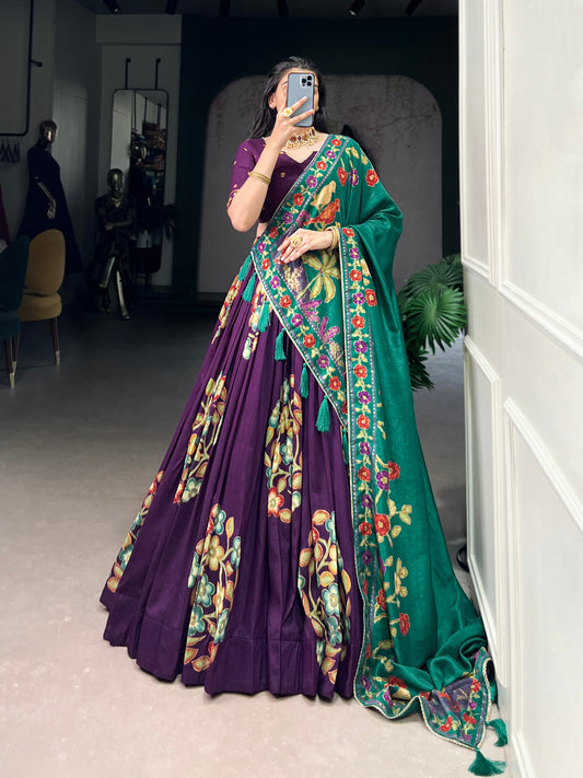 Purple Tussar Silk Printed Lehenga Set with Foil Work and Gotta Patti Dupatta