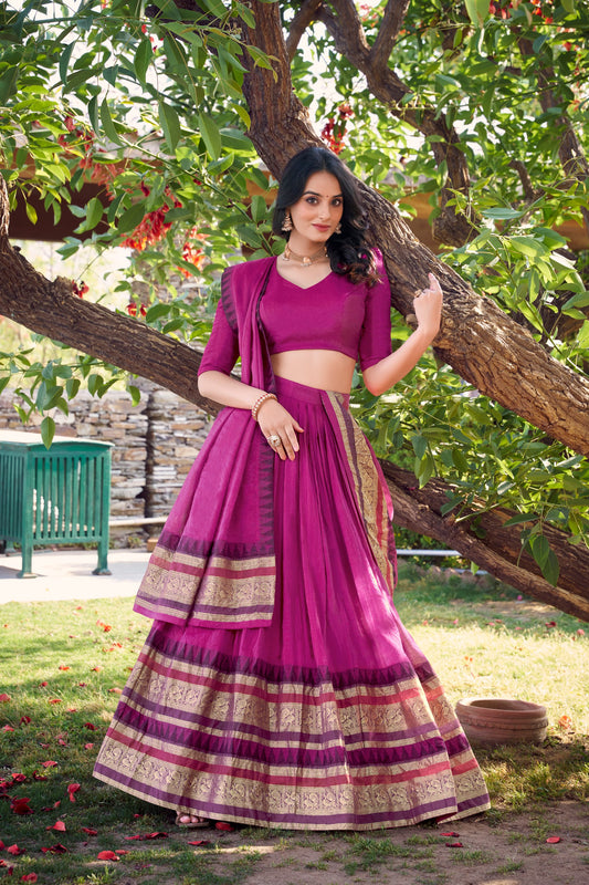 Pure Chanderi Pink Lehenga with Zari Weaving Work Border & Dupatta