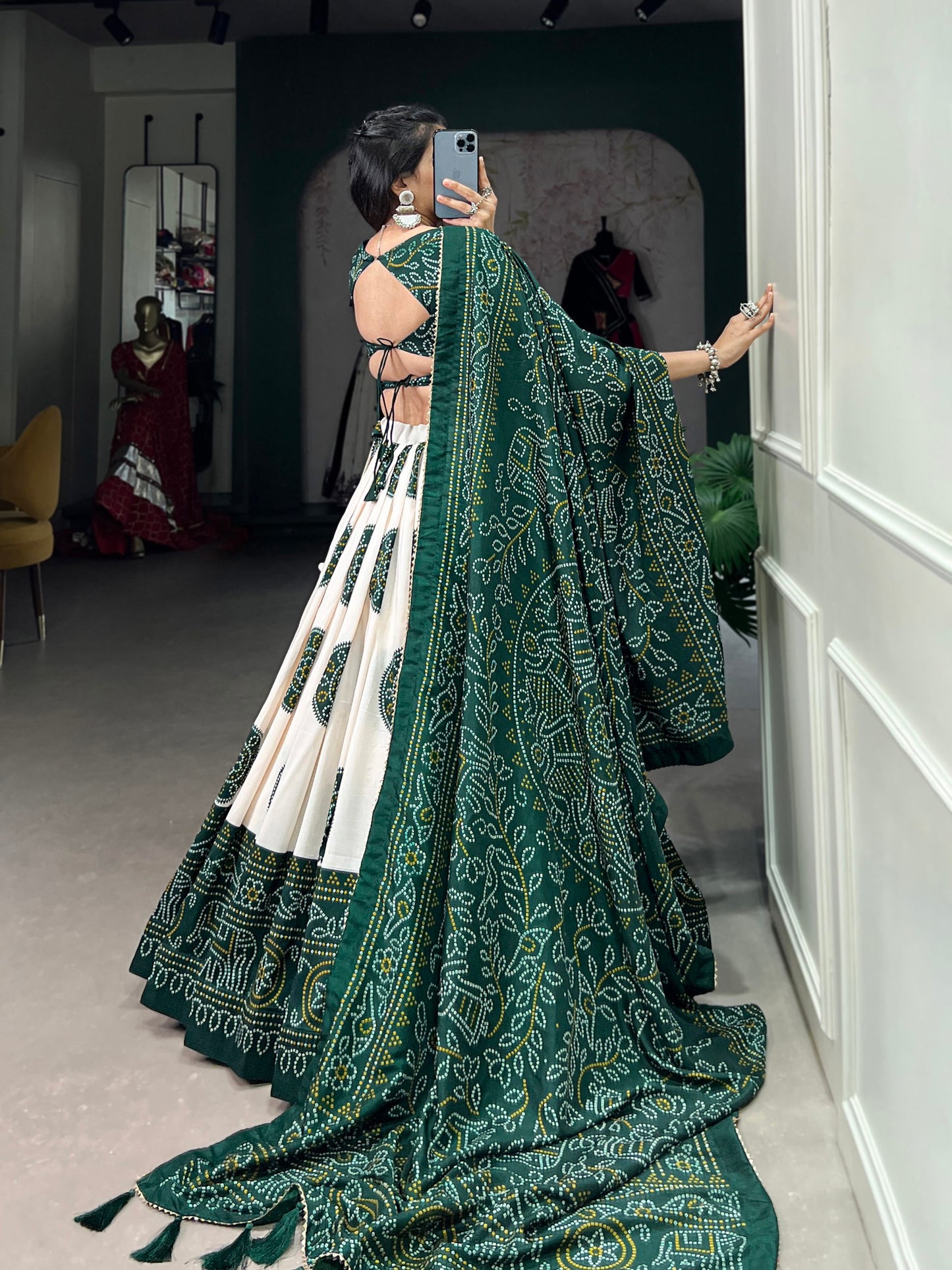 Striking Green Color Bandhani Printed Tussar Silk Event Wear Lehenga Choli