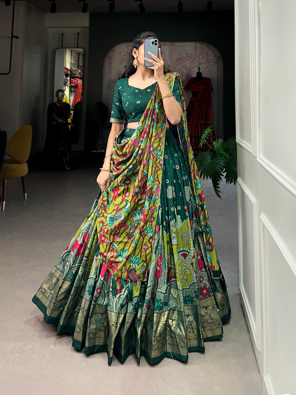 Green Printed Art Silk Lehenga Choli