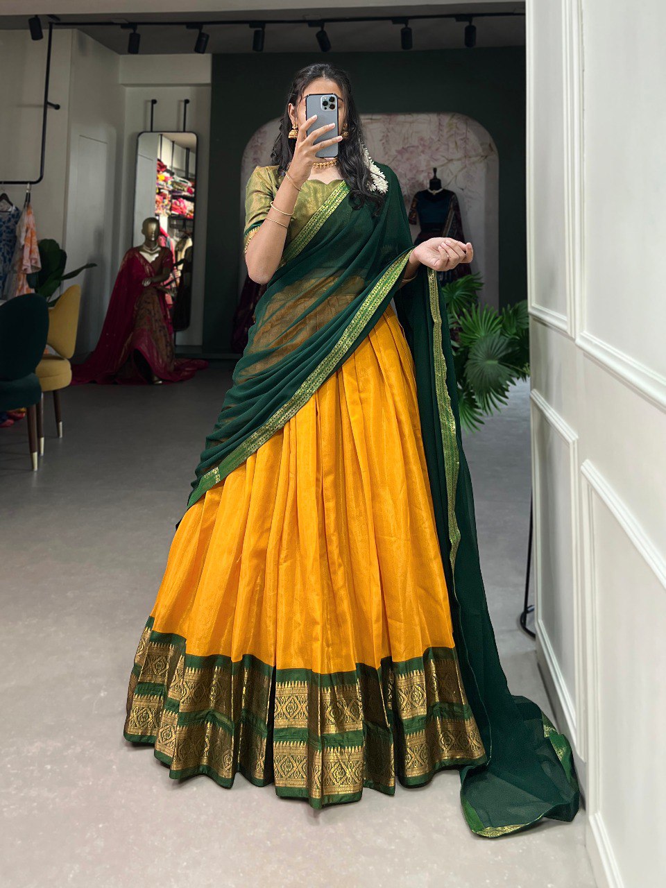 Yellow Color Zari Weaving Work Kanchipuram Women Lehenga Choli