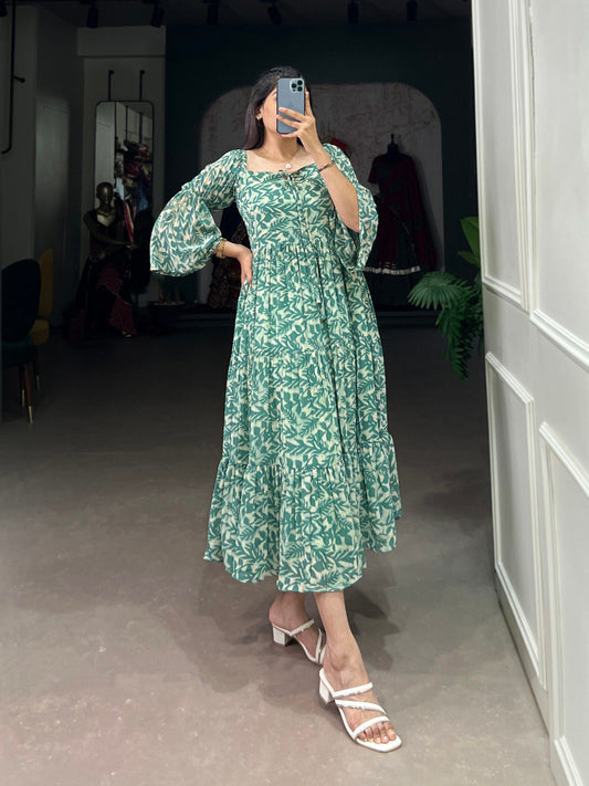 Leaf Print Tiered Boho Green Midi Dress with Bell Sleeves