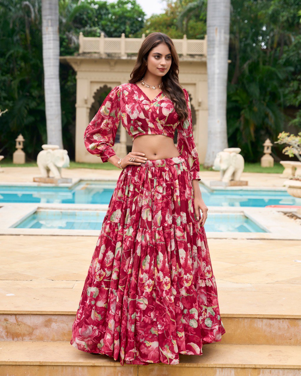 Maroon Faux Georgette Floral Printed Readymade Lehenga With Fancy Blouse