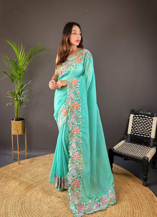 Designer Cross Stitch Floral Embroidery Cut Work Border Sky Blue Glossy Silk Saree With Blouse