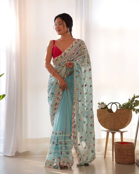 Sky Blue Emroidery Worked Organza Silk Saree