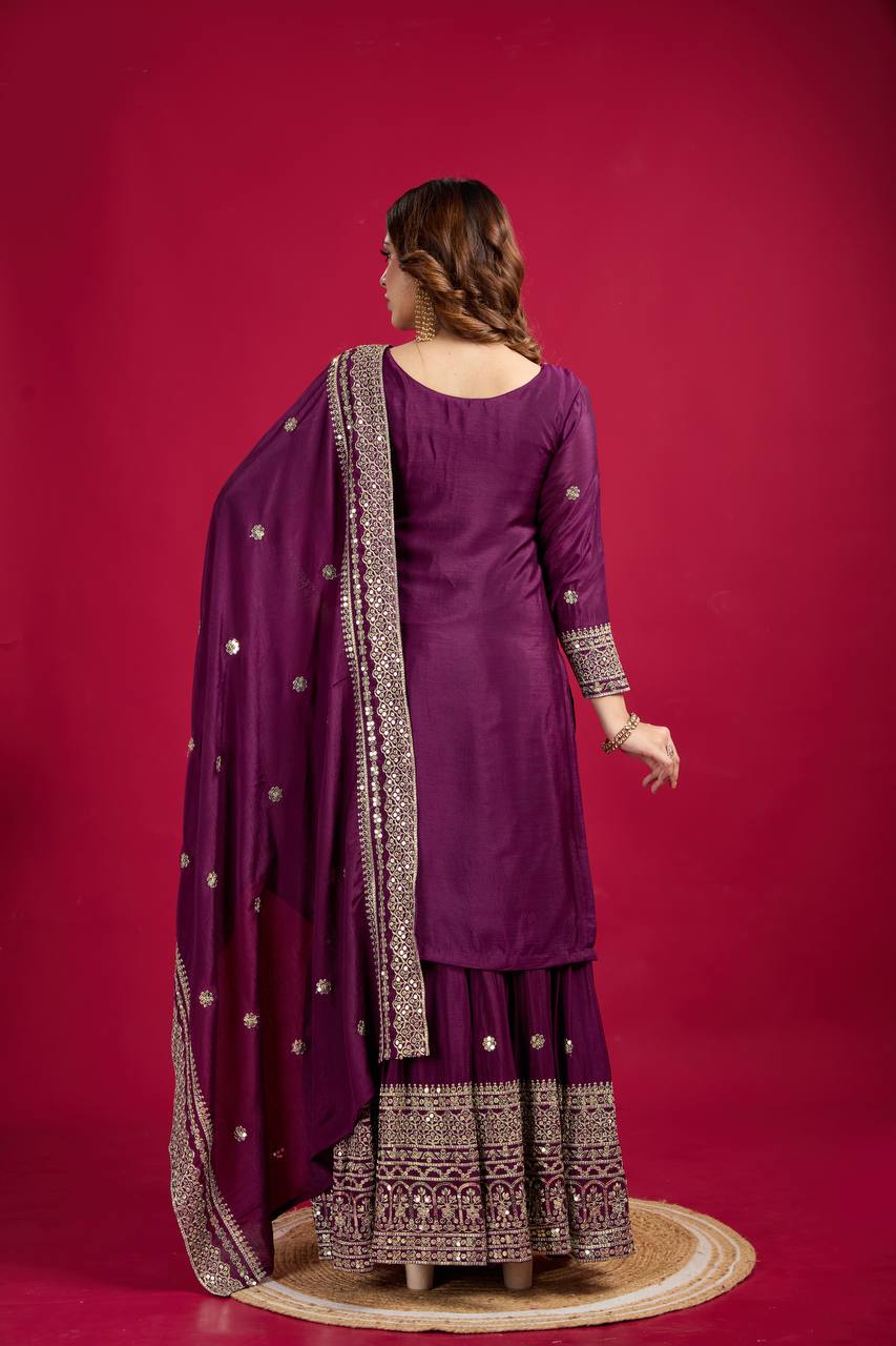 Purple Chinnon Silk With Heavy Embroidery Sequence Work Top-Plazo And Dupatta Set