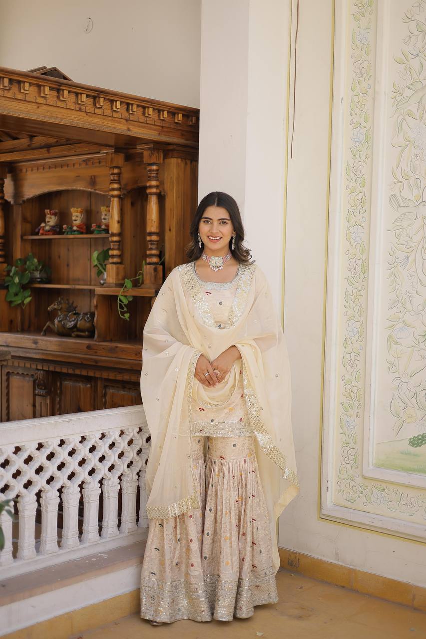 Viscose Jacquard Sequined White Kurti with Embroidered Sharara & Russian Silk Dupatta