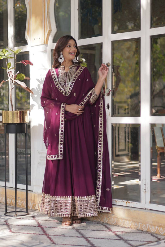 Burgundy Wine Color Fox Georgette Sequence Embroidery Gown
