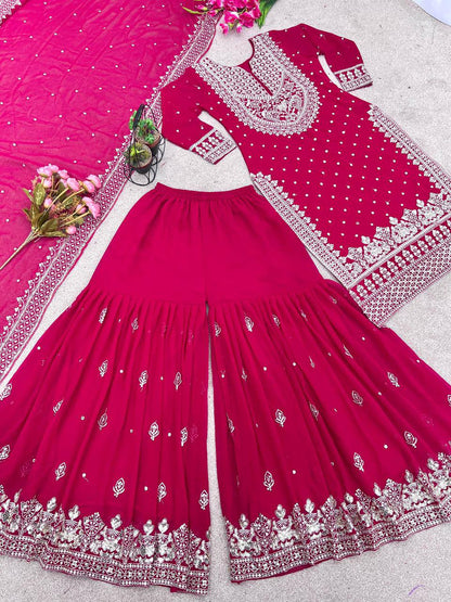 Heavy Faux Georgette Embroidered Pink Gharara Set with Dupatta – Fully Stitched Ethnic Partywear for Women