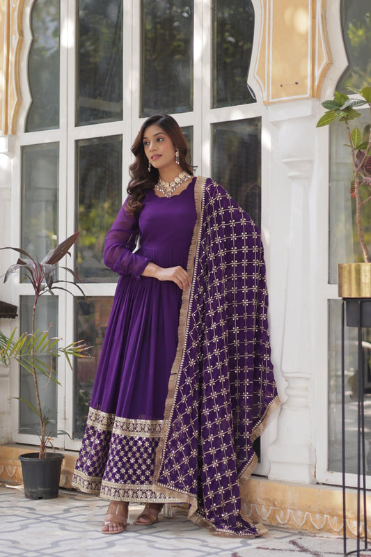 Faux Blooming Purple Gown with Zari Sequins Embroidery and Designer Dupatta
