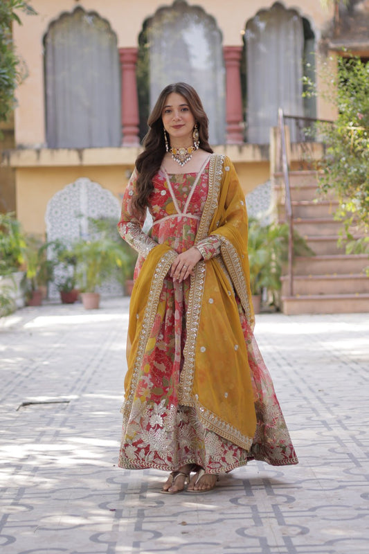 Digital Printed Russian Silk Top with Foil Embroidery Zari Sequins Work and Designer Lace Border Dupatta