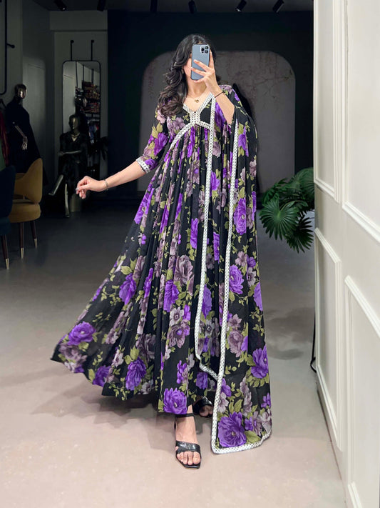 Floral Printed Georgette Purple Gown with Peper Mirror Lace Touch-Up and Dupatta