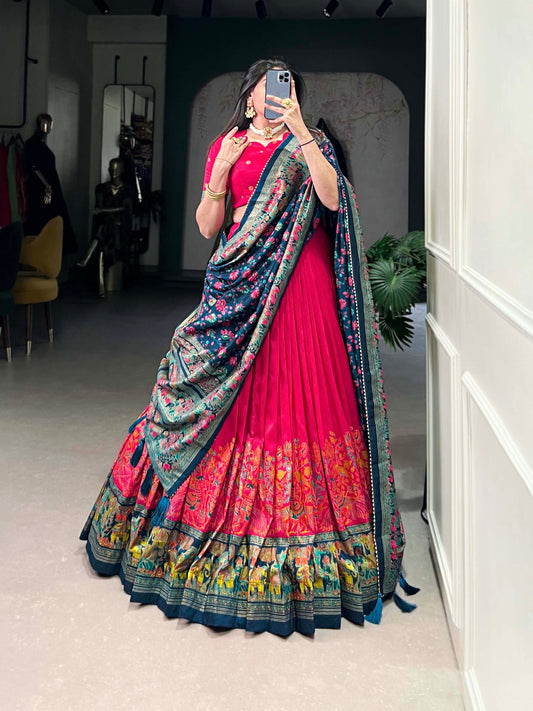 Pink Tussar Silk Lehenga Set with Printed Foil Work and Gotta Patti Dupatta