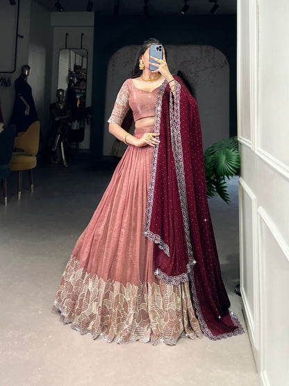 Silver Glosy Embroidered Peach Lehenga Set with Hotfix Rangoli Silk Dupatta