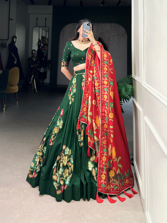 Green Tussar Silk Printed Lehenga Set with Foil Work and Gotta Patti Dupatta