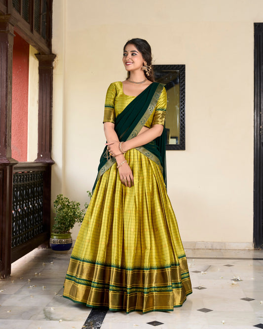 Parrot Colour Pattu Lehenga Choli  For Pongal