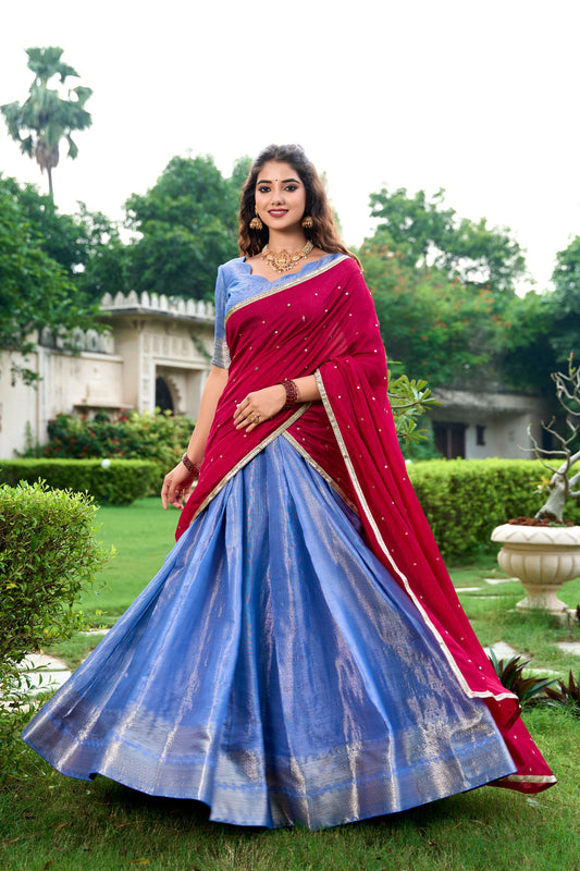 Royal Blue Zari Weaving Work Kanchipuram Lehenga