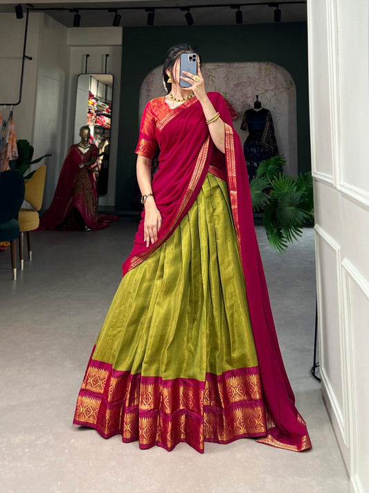 Pista Green Color Zari Weaving Work Kanchipuram Women Lehenga Choli