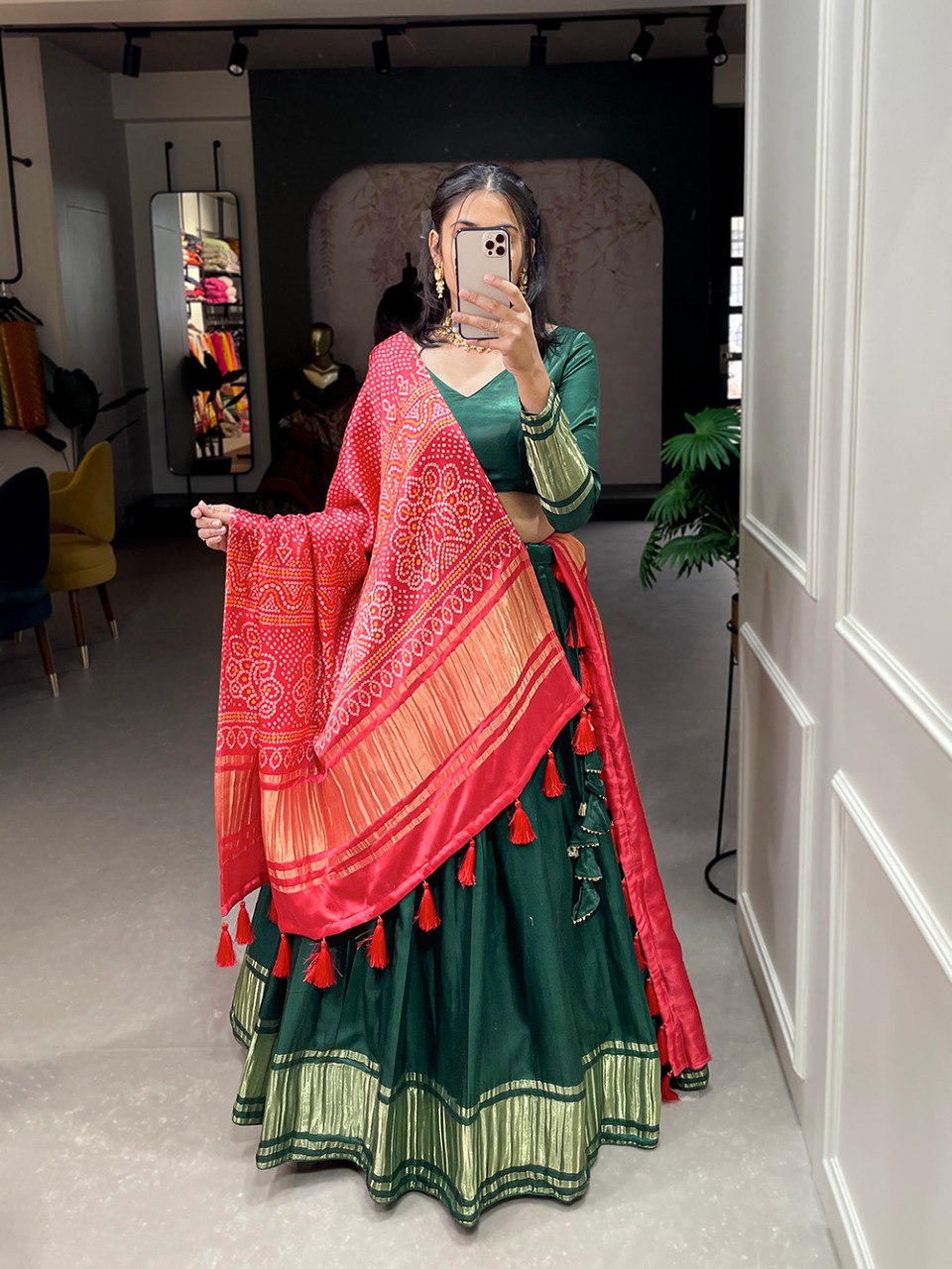 Green Color Gaji Silk Yeing With Lagdi Patta Lehenga Choli