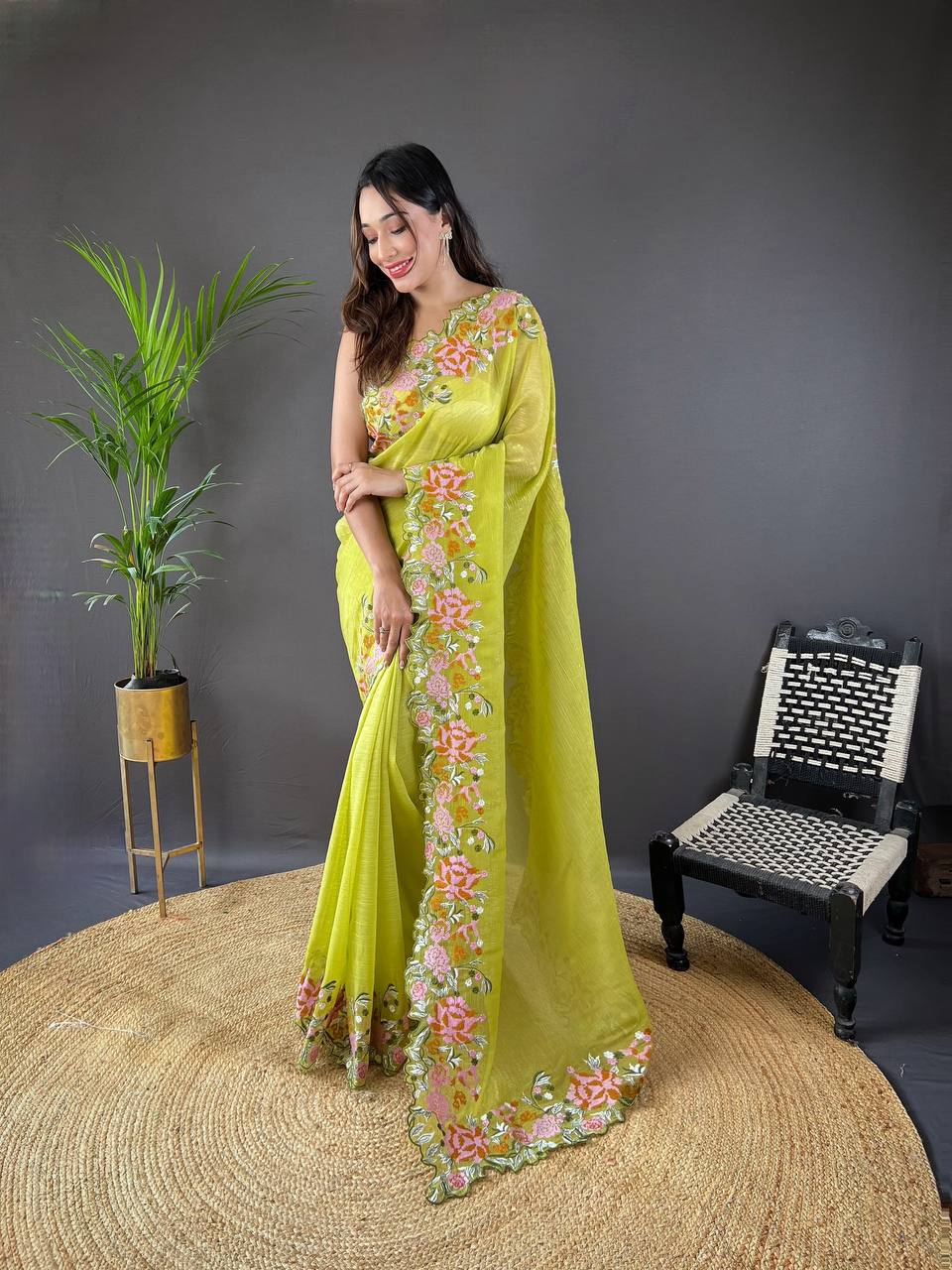 Designer Cross Stitch Floral Embroidery Cut Work Border Parrot Green Glossy Silk Saree With Blouse