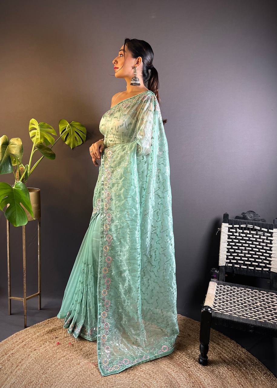 Light Green Tissue Silk Embellished Saree With Unstitched Blouse