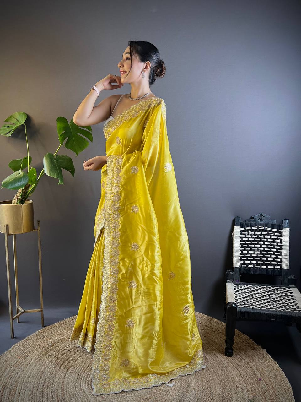 Yellow Embroidered Work Soft Silk Saree