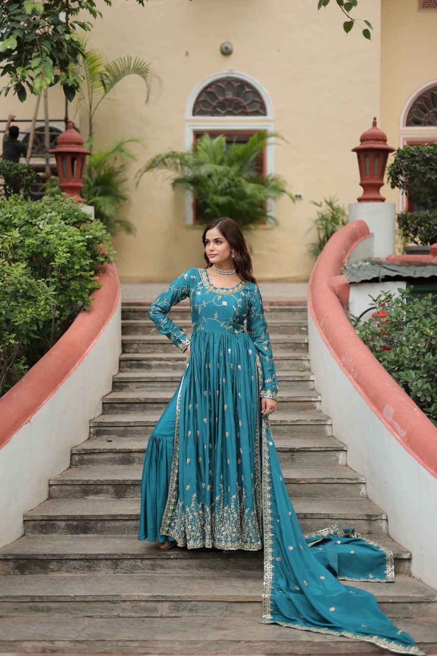 Rama Green Color Designer Three Piece Sharara Suit