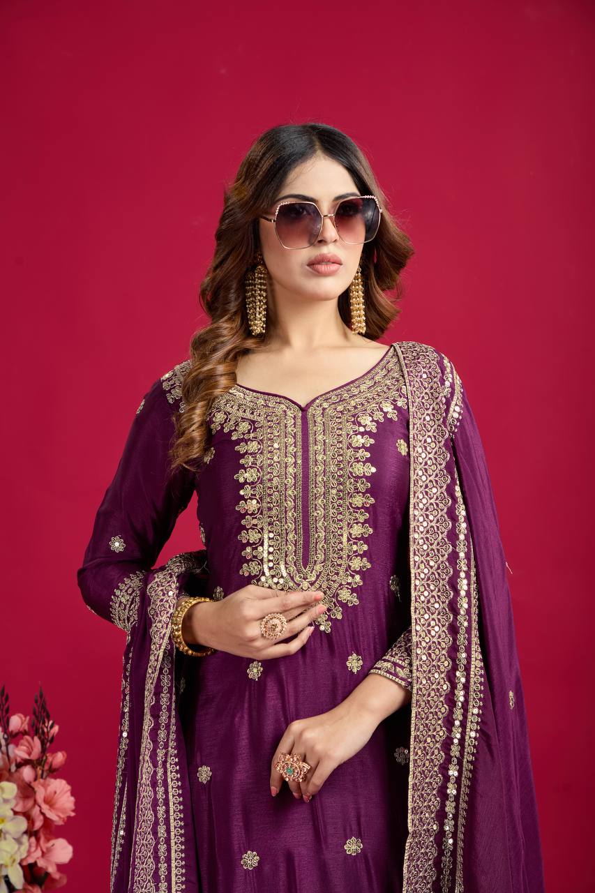 Purple Chinnon Silk With Heavy Embroidery Sequence Work Top-Plazo And Dupatta Set