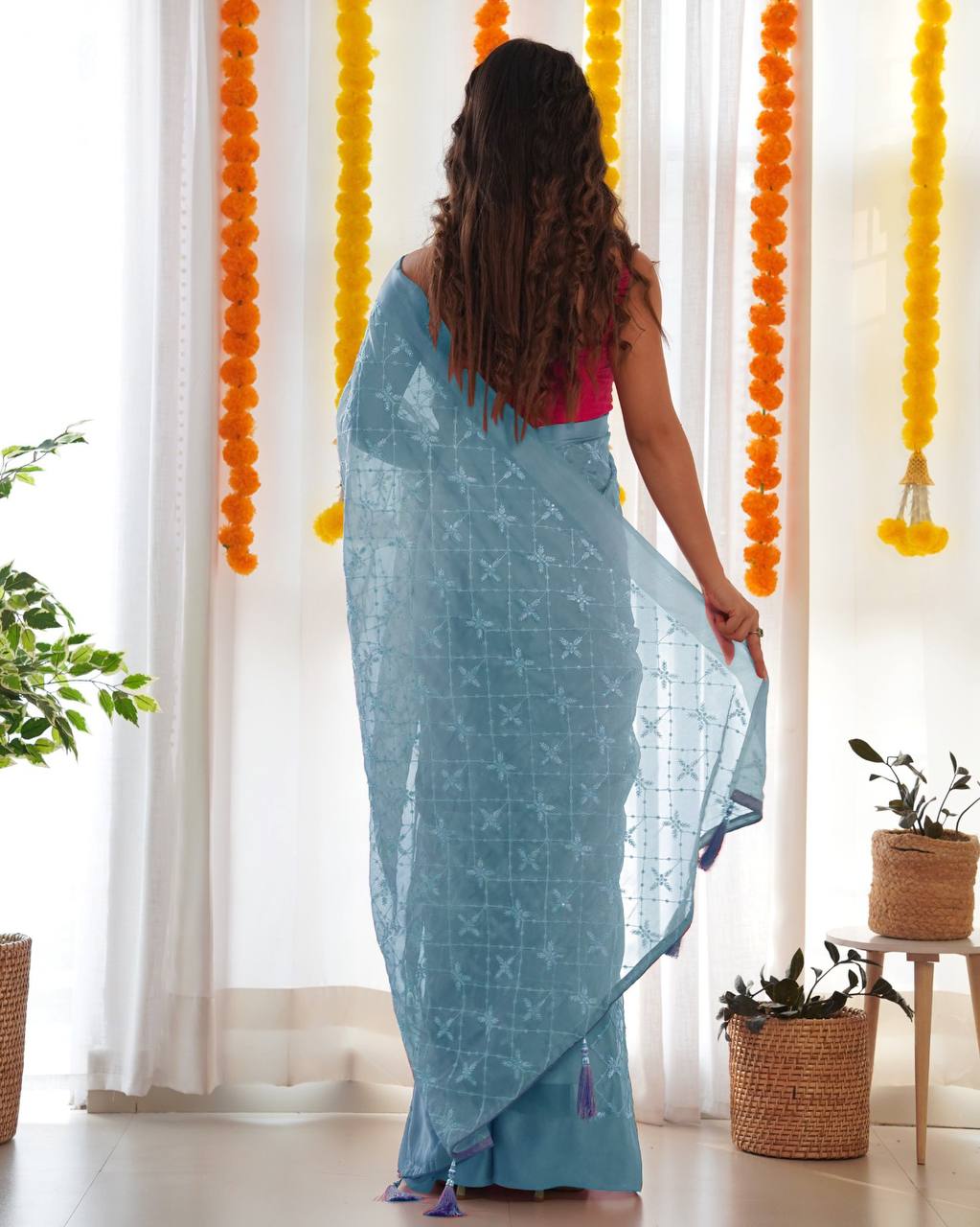 Sky Blue Colour Embroidered Georgette Saree