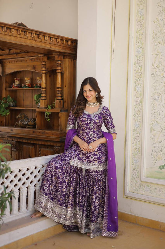 Viscose Jacquard Sequined Purple Kurti with Embroidered Sharara & Russian Silk Dupatta