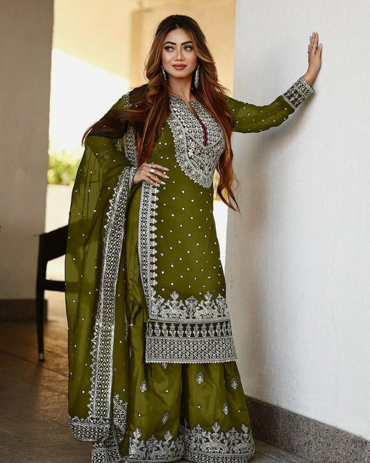Heavy Faux Georgette Embroidered Mehendi Gharara Set with Dupatta – Fully Stitched Ethnic Partywear for Women