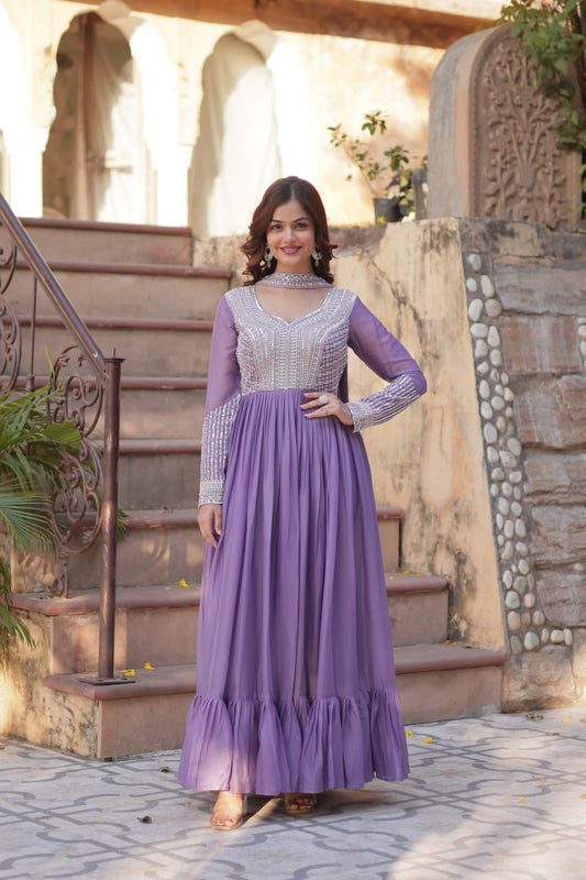 Star Georgette Embroidered Beads Sequins Work Lavender Gown with Dupatta Set