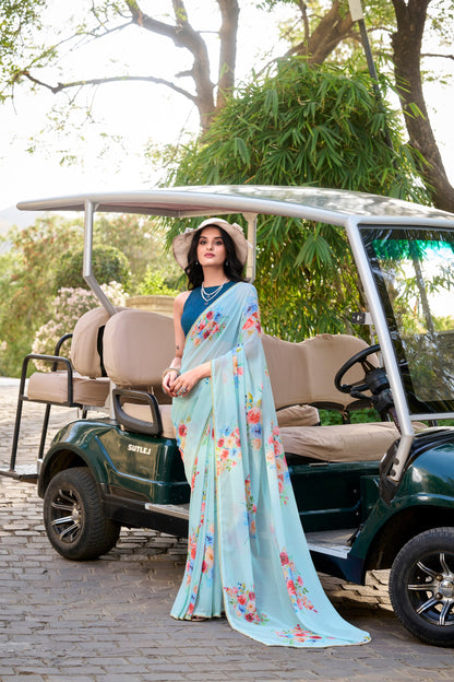 Weightless Marbal Floral Printed Sky Blue Saree with Pearl Lace Border