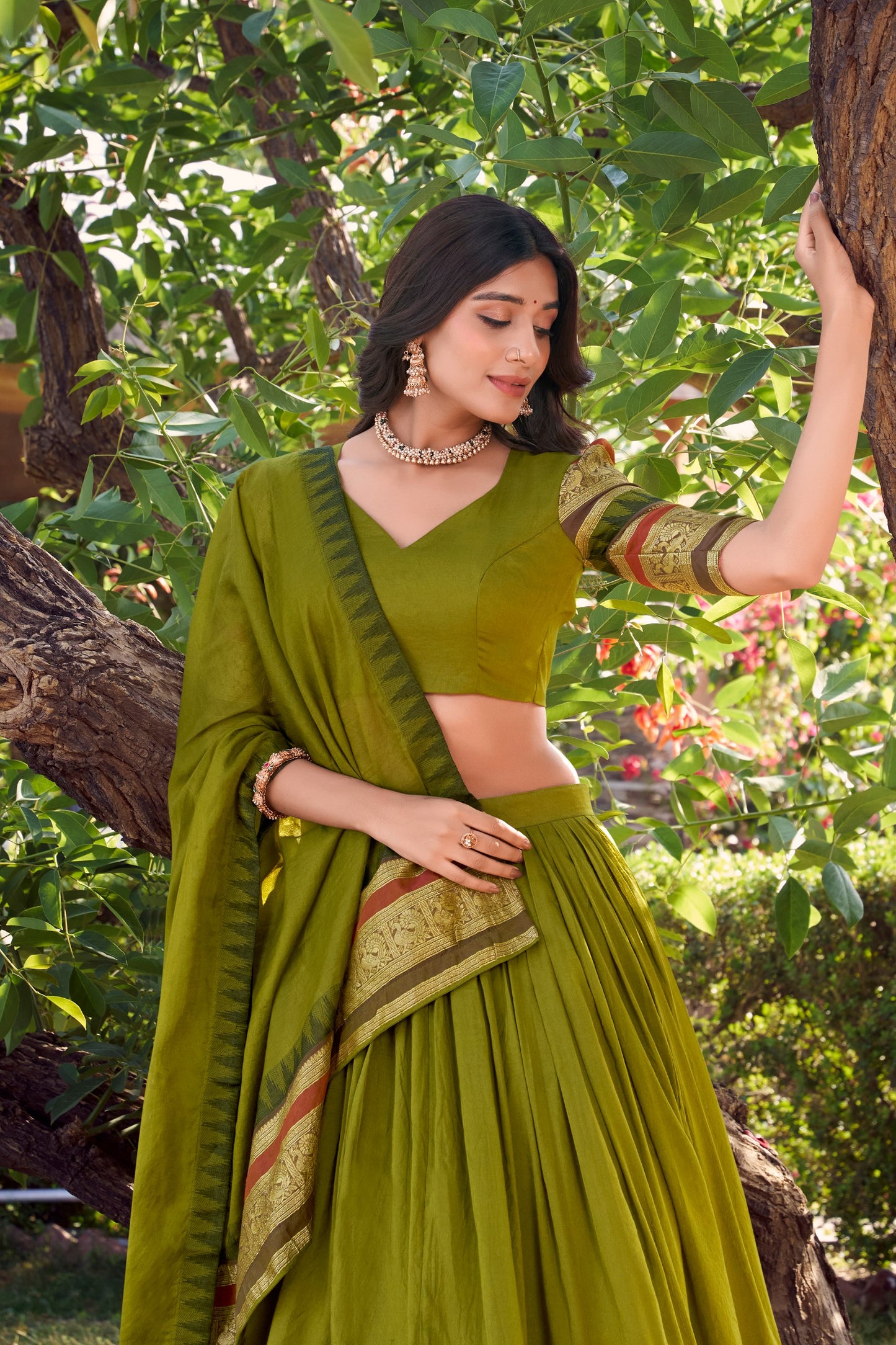 Pure Chanderi Mehendi Green  Lehenga with Zari Weaving Work Border & Dupatta