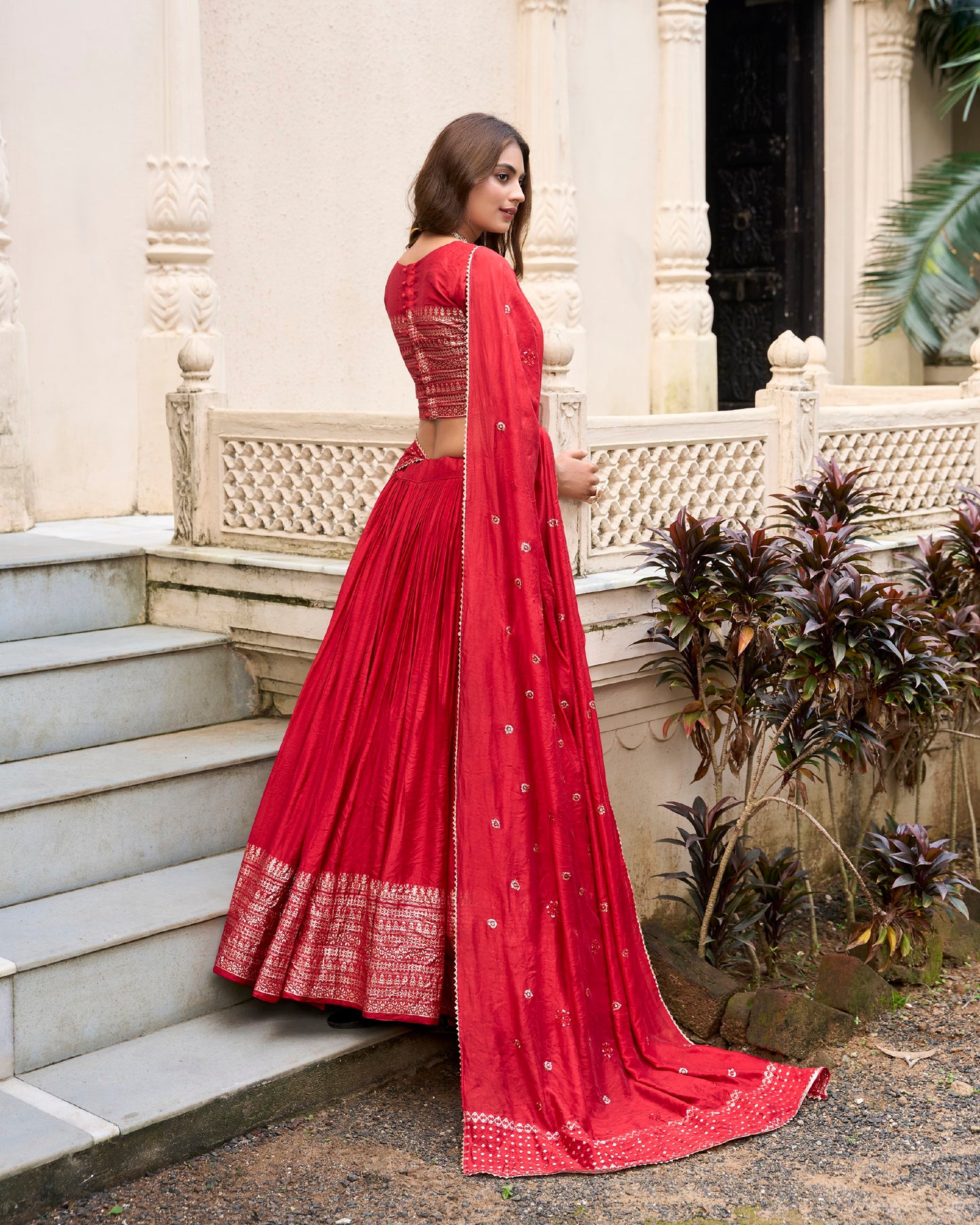 Grace and Beauty Pure Chanderi Sequin Embellished Red Lehenga