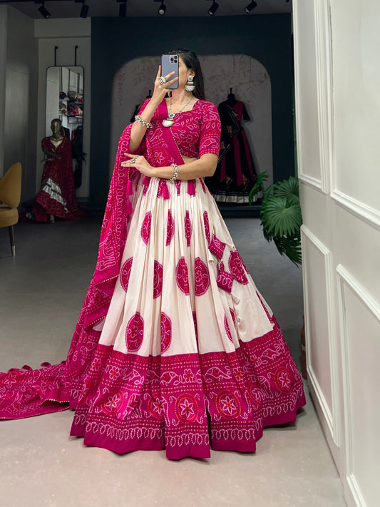 Striking Pink  Color Bandhani Printed Tussar Silk Event Wear Lehenga Choli