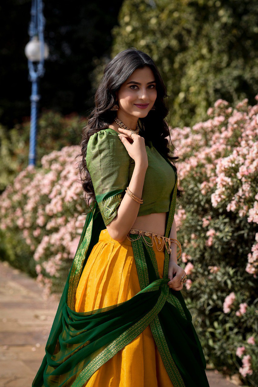 Yellow Breathtaking South-Indian Kanchipuram Silk Lehenga Choli Set with Zari Weaving