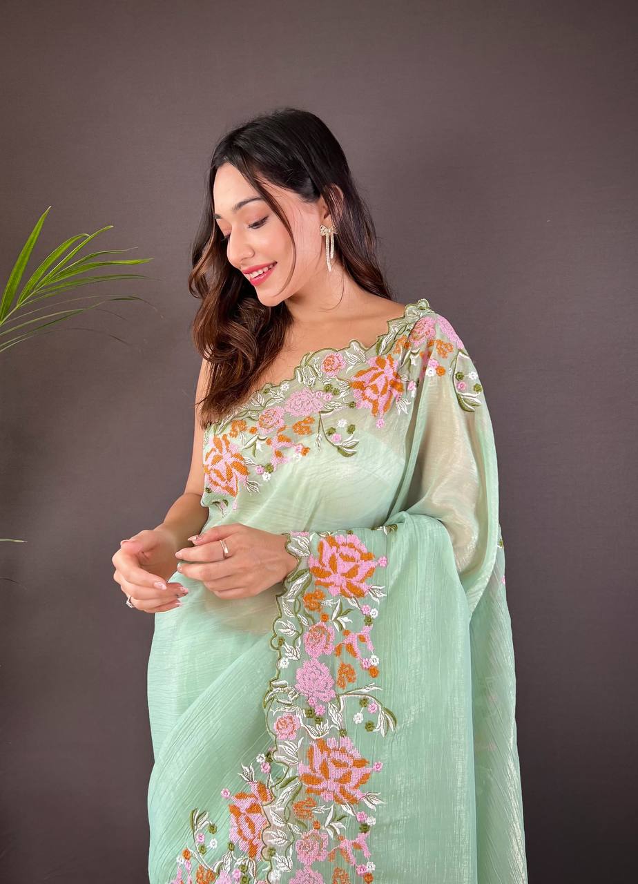 Designer Cross Stitch Floral Embroidery Cut Work Border Light Green Glossy Silk Saree With Blouse