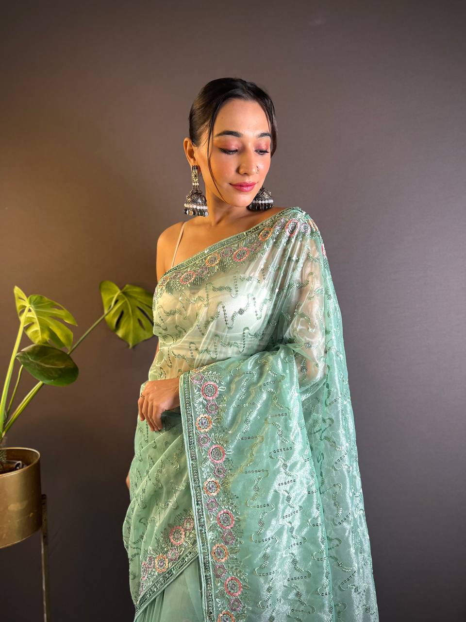 Light Green Tissue Silk Embellished Saree With Unstitched Blouse