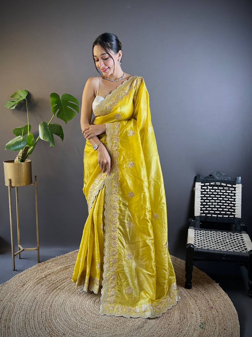 Yellow Embroidered Work Soft Silk Saree