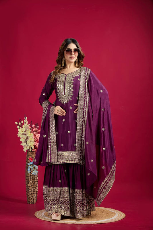 Purple Chinnon Silk With Heavy Embroidery Sequence Work Top-Plazo And Dupatta Set