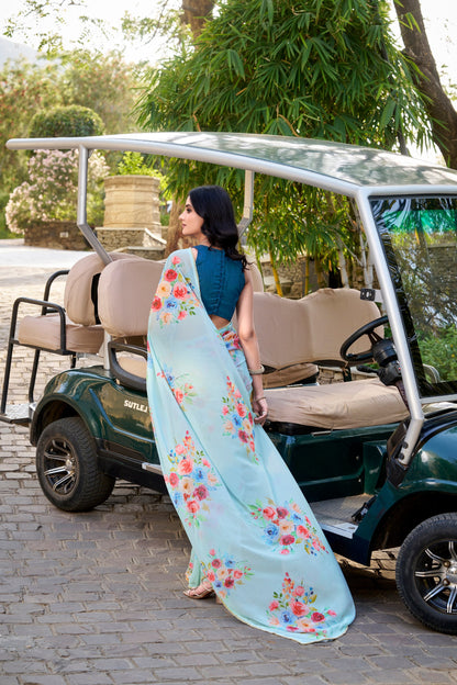 Weightless Marbal Floral Printed Sky Blue Saree with Pearl Lace Border