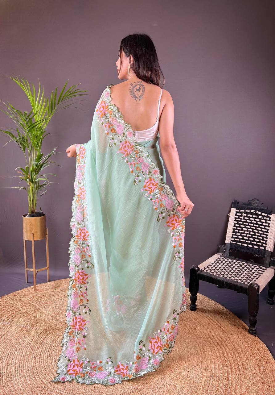 Designer Cross Stitch Floral Embroidery Cut Work Border Light Green Glossy Silk Saree With Blouse