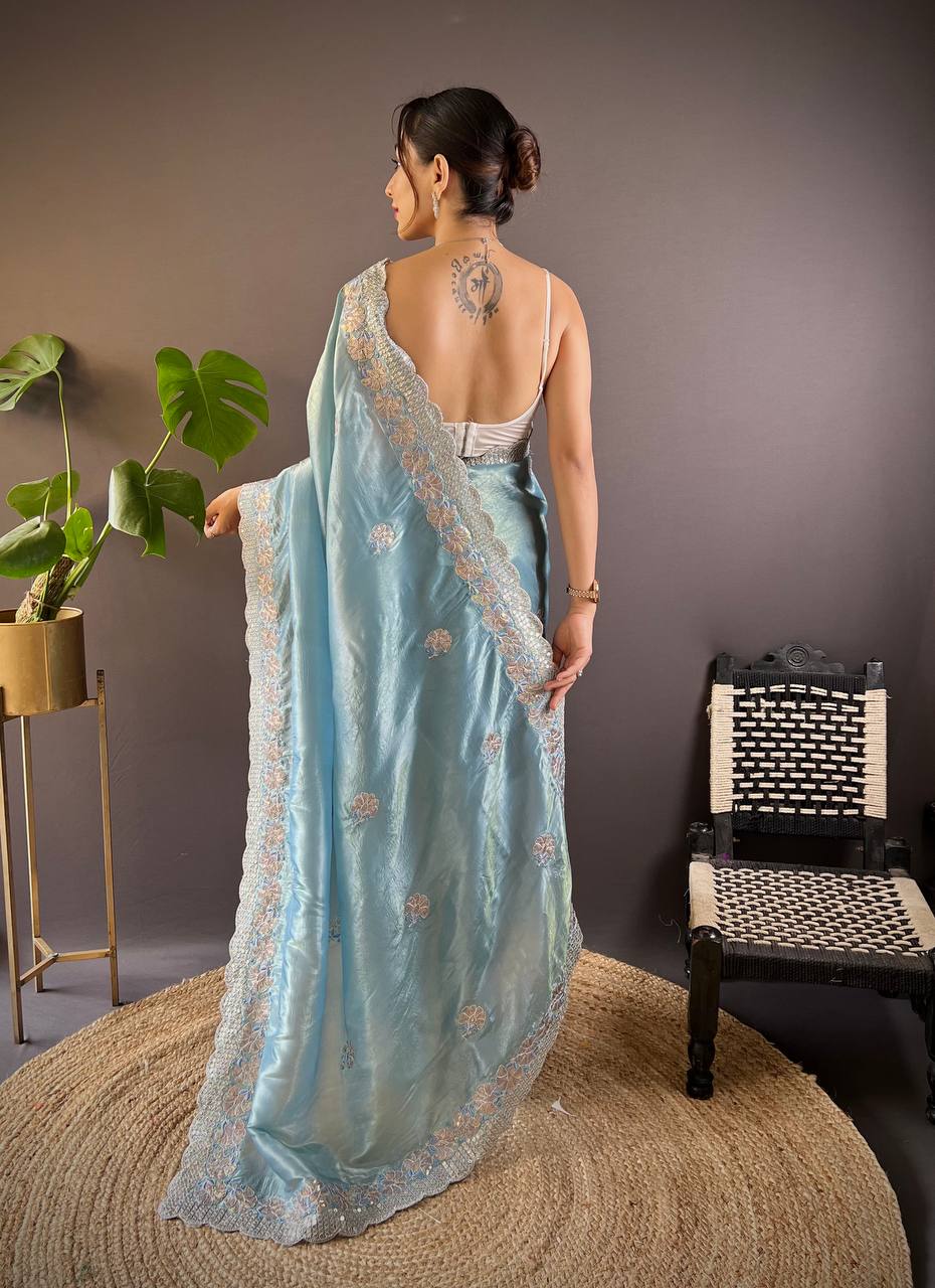 Light Blue Embroidered Work Soft Silk Saree