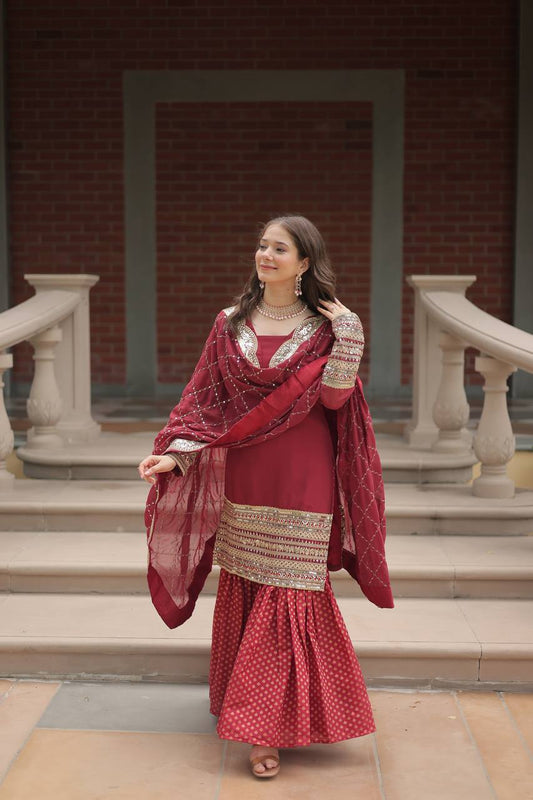 Maroon Designer Readymade Top-sharara-dupatta Collections