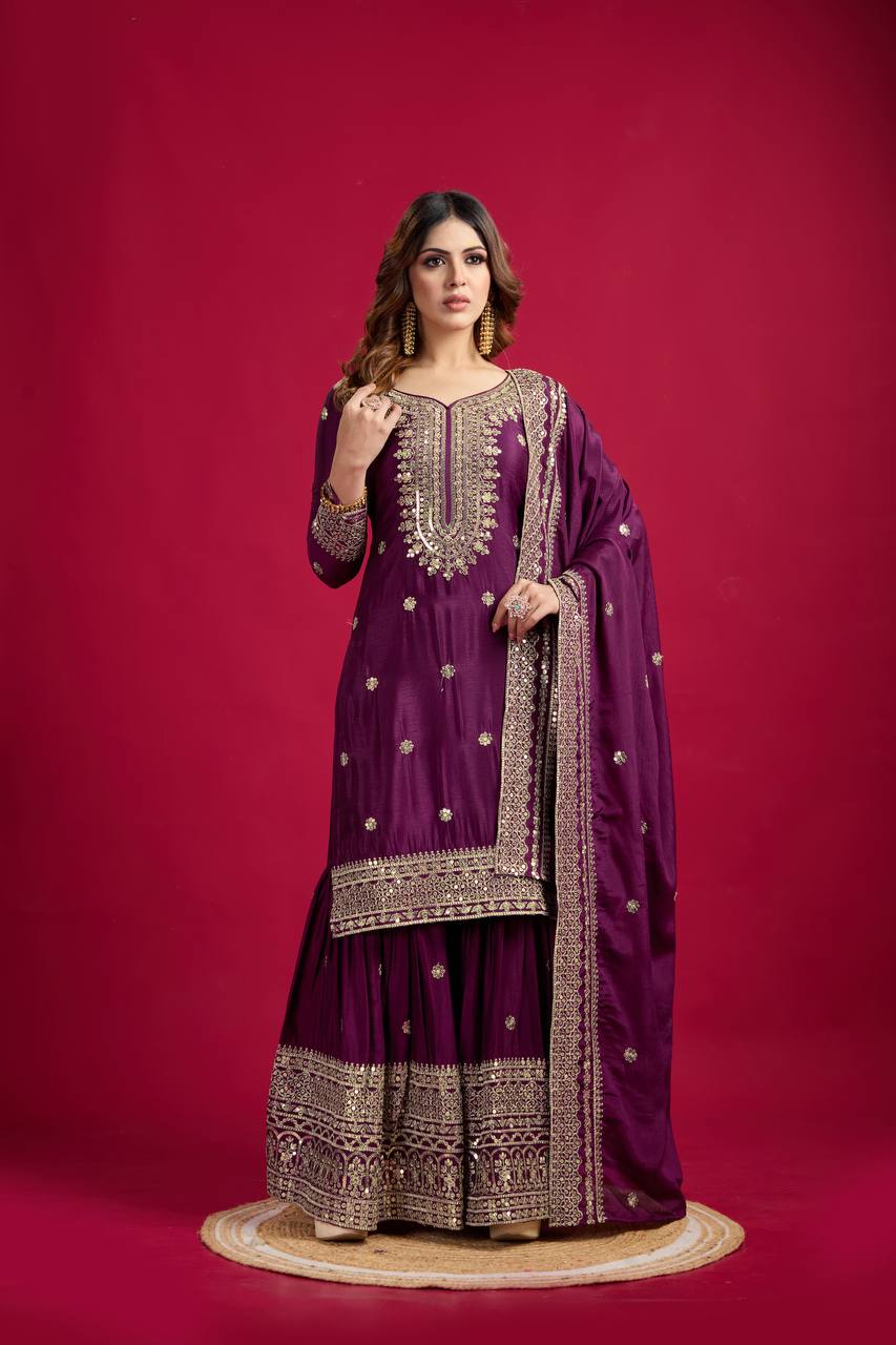 Purple Chinnon Silk With Heavy Embroidery Sequence Work Top-Plazo And Dupatta Set