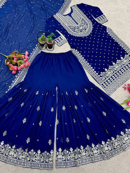 Heavy Faux Georgette Embroidered Royal Blue Gharara Set with Dupatta – Fully Stitched Ethnic Partywear for Women
