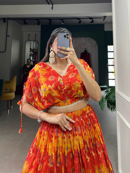 Elegant Floral Print Chiffon Red Lehenga Set for Women