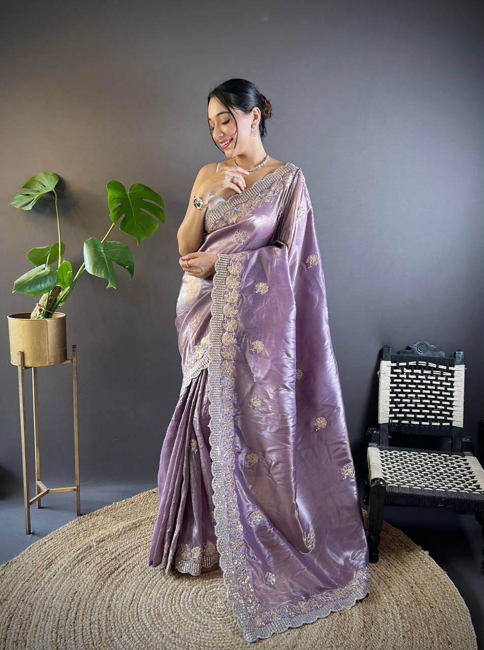 Lavender Embroidered Work Soft Silk Saree